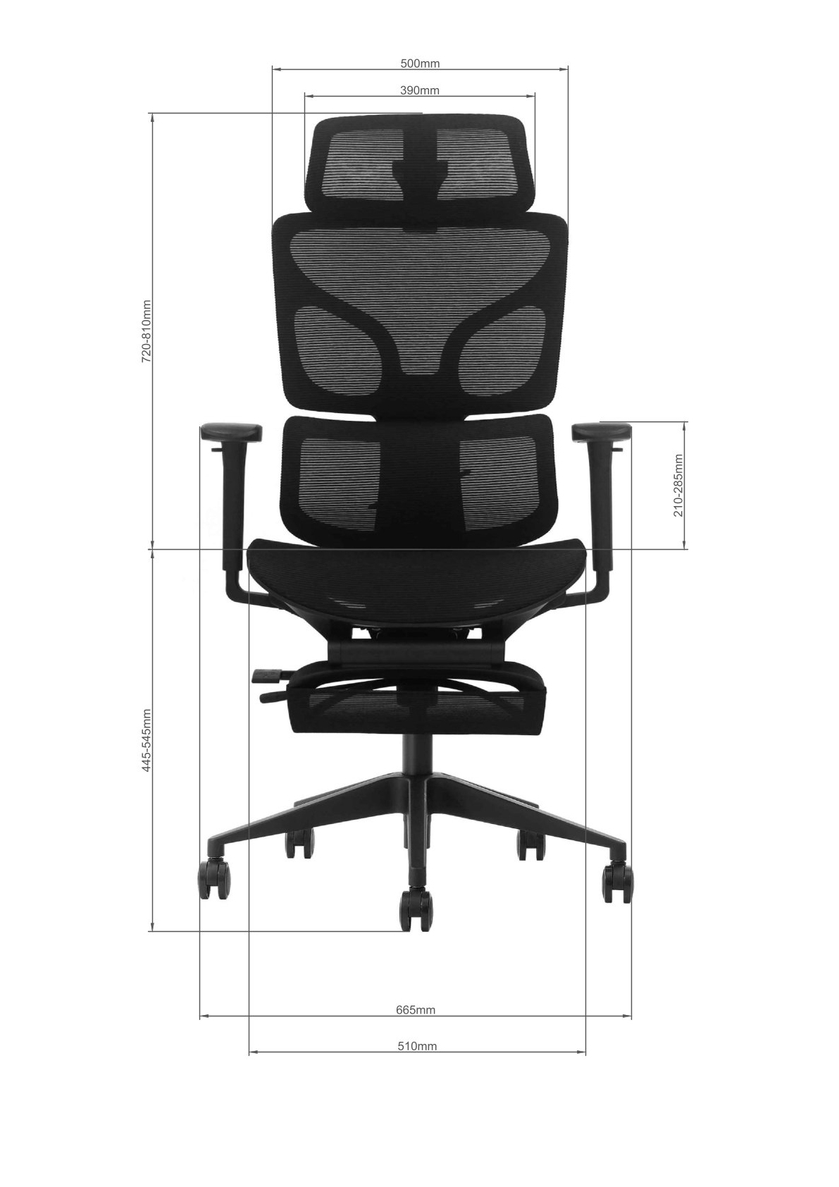 Schemat wymiarów fotela BIONIC AIR FR - widok przód